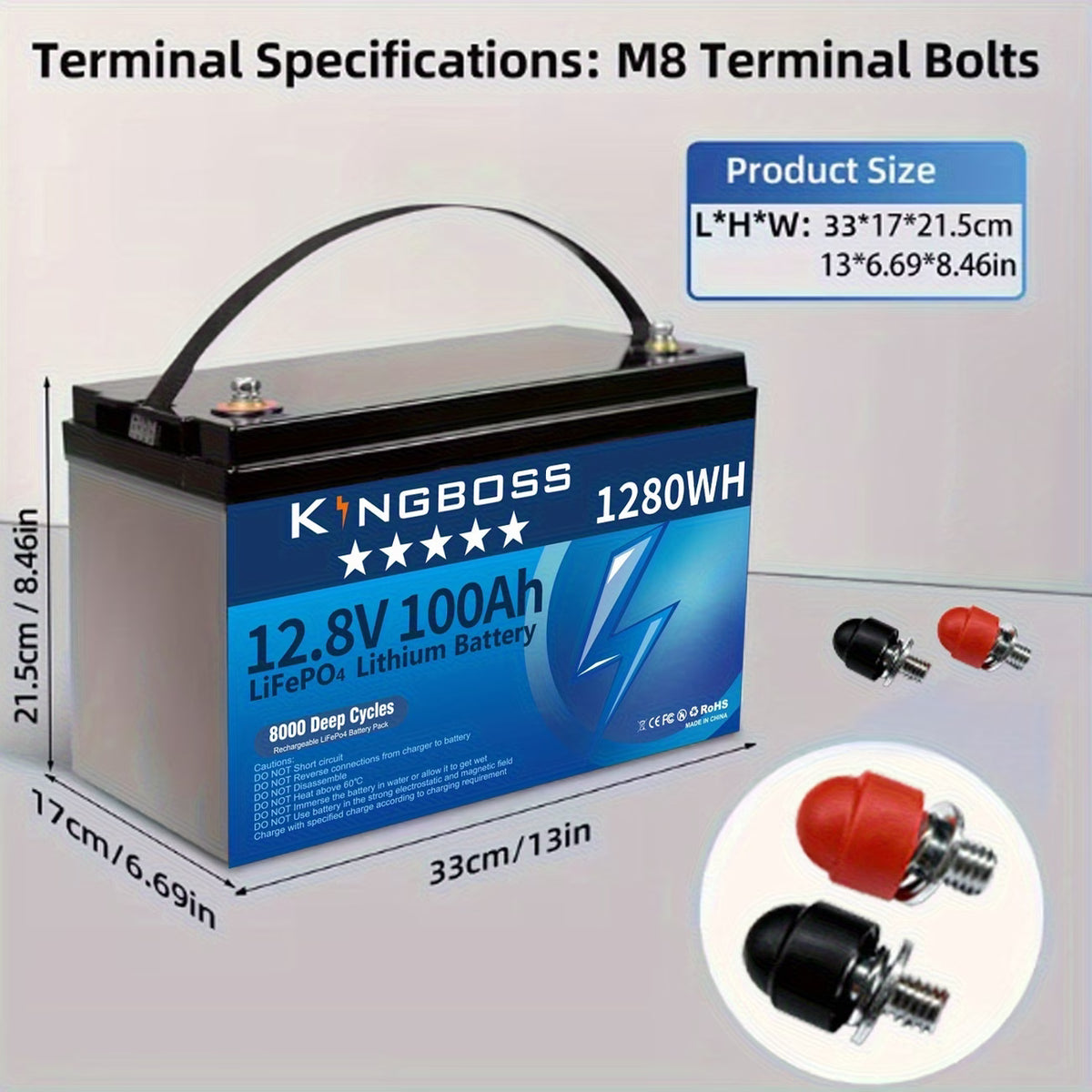 Kingboss 12.8V 100Ah LiFePO4 Battery, 100A Smart BMS, Up to 15000 Cycles, IP65 Waterproof, Low-Temp Protection, 1280Wh for RV, Marine, Trolling Motor, Solar, Off-Grid