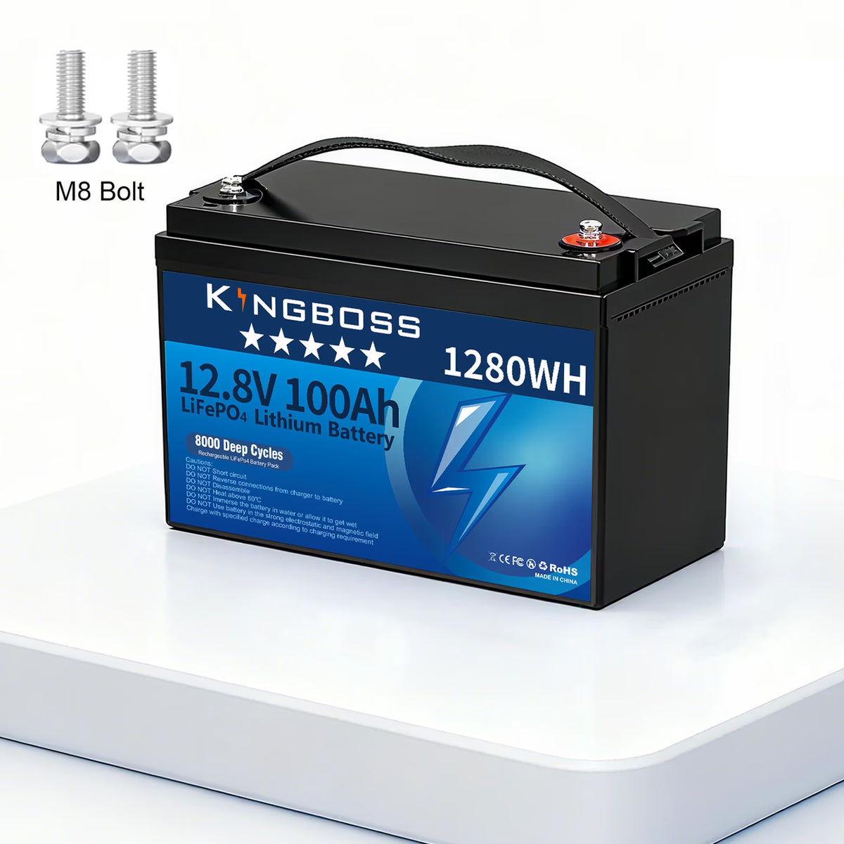 Kingboss 12.8V 100Ah LiFePO4 Battery, 100A Smart BMS, Up to 15000 Cycles, IP65 Waterproof, Low-Temp Protection, 1280Wh for RV, Marine, Trolling Motor, Solar, Off-Grid