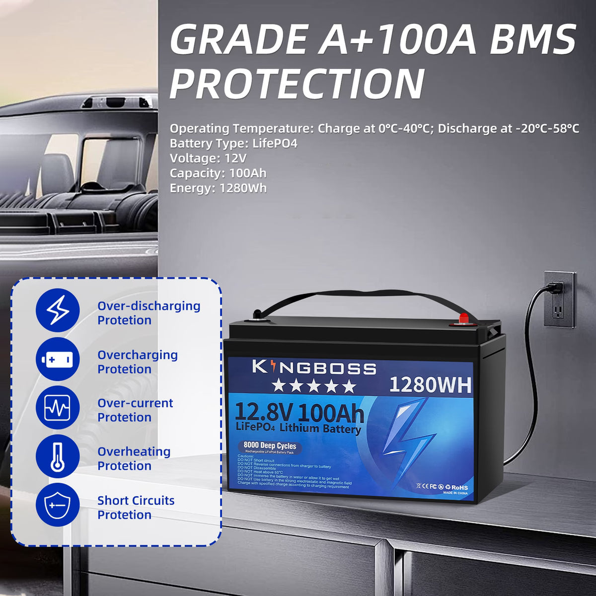 Kingboss 12.8V 100Ah LiFePO4 Battery, 100A Smart BMS, Up to 15000 Cycles, IP65 Waterproof, Low-Temp Protection, 1280Wh for RV, Marine, Trolling Motor, Solar, Off-Grid