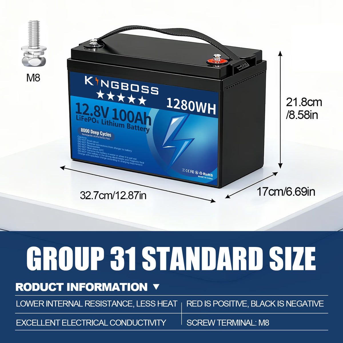 Kingboss 12.8V 100Ah LiFePO4 Battery, 100A Smart BMS, Up to 15000 Cycles, IP65 Waterproof, Low-Temp Protection, 1280Wh for RV, Marine, Trolling Motor, Solar, Off-Grid