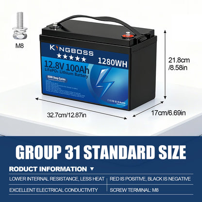 Kingboss 12.8V 100Ah LiFePO4 Battery, 100A Smart BMS, Up to 15000 Cycles, IP65 Waterproof, Low-Temp Protection, 1280Wh for RV, Marine, Trolling Motor, Solar, Off-Grid