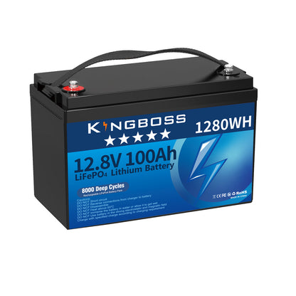 Kingboss 12.8V 100Ah LiFePO4 Battery, 100A Smart BMS, Up to 15000 Cycles, IP65 Waterproof, Low-Temp Protection, 1280Wh for RV, Marine, Trolling Motor, Solar, Off-Grid