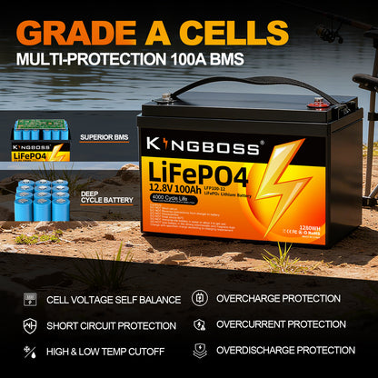 Kingboss 12.8V 100Ah LiFePO4 Battery, 100A BMS, 8000+ Deep Cycles, 1280Wh Lithium Iron Phosphate Battery for RV, Camper, Solar System, Home Backup