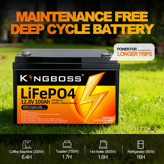 Kingboss 12.8V 100Ah LiFePO4 Battery, 100A BMS, 8000+ Deep Cycles, 1280Wh Lithium Iron Phosphate Battery for RV, Camper, Solar System, Home Backup