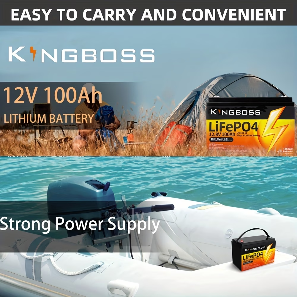 Kingboss 12.8V 100Ah LiFePO4 Battery, 100A BMS, 8000+ Deep Cycles, 1280Wh Lithium Iron Phosphate Battery for RV, Camper, Solar System, Home Backup