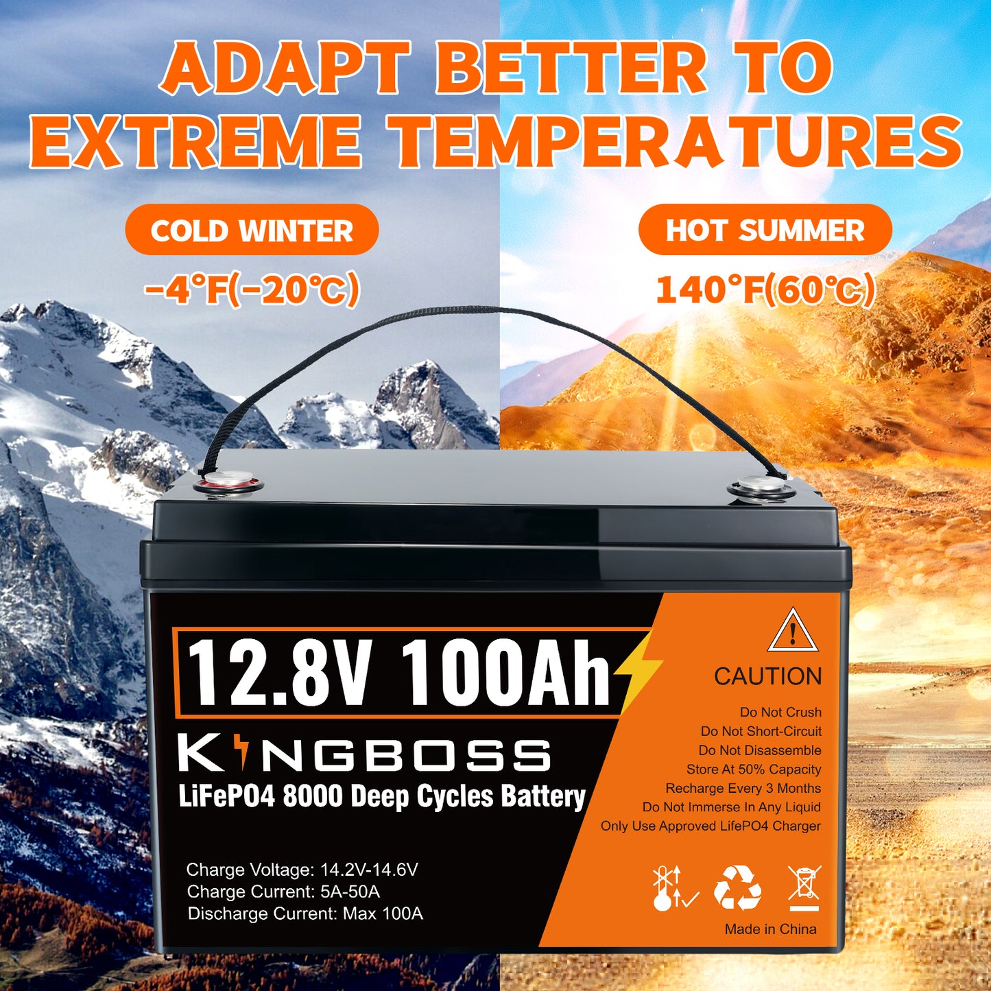 Kingboss 12.8V 100Ah LiFePO4 Battery, Built-in BMS, Long Cycle Life, 1280Wh for RV & Solar