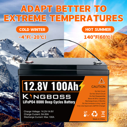 Kingboss 12.8V 100Ah LiFePO4 Battery, Built-in BMS, Long Cycle Life, 1280Wh for RV & Solar