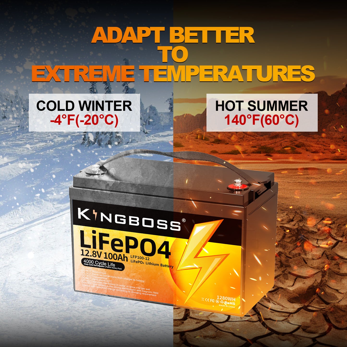 Kingboss 12.8V 100Ah LiFePO4 Battery, 100A BMS, 8000+ Deep Cycles, 1280Wh Lithium Iron Phosphate Battery for RV, Camper, Solar System, Home Backup