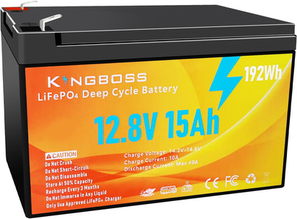 Kingboss 12V 15Ah LiFePO4 Lithium Battery, LiFePO4 Battery Built-in BMS 4000+ Deep Cycles Lithium Iron Phosphate Batterys Waterproof for Solar, Lighting, Power Wheels, Fish Finder, Camping, Home Alarm