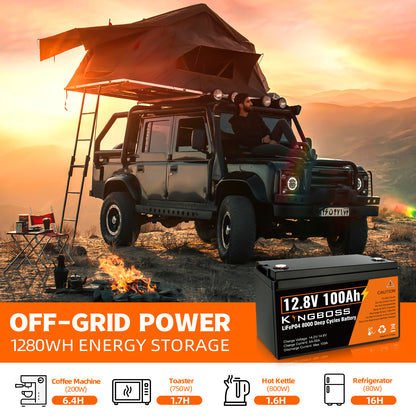 Kingboss 12.8V 100Ah LiFePO4 Battery, Built-in BMS, Long Cycle Life, 1280Wh for RV & Solar