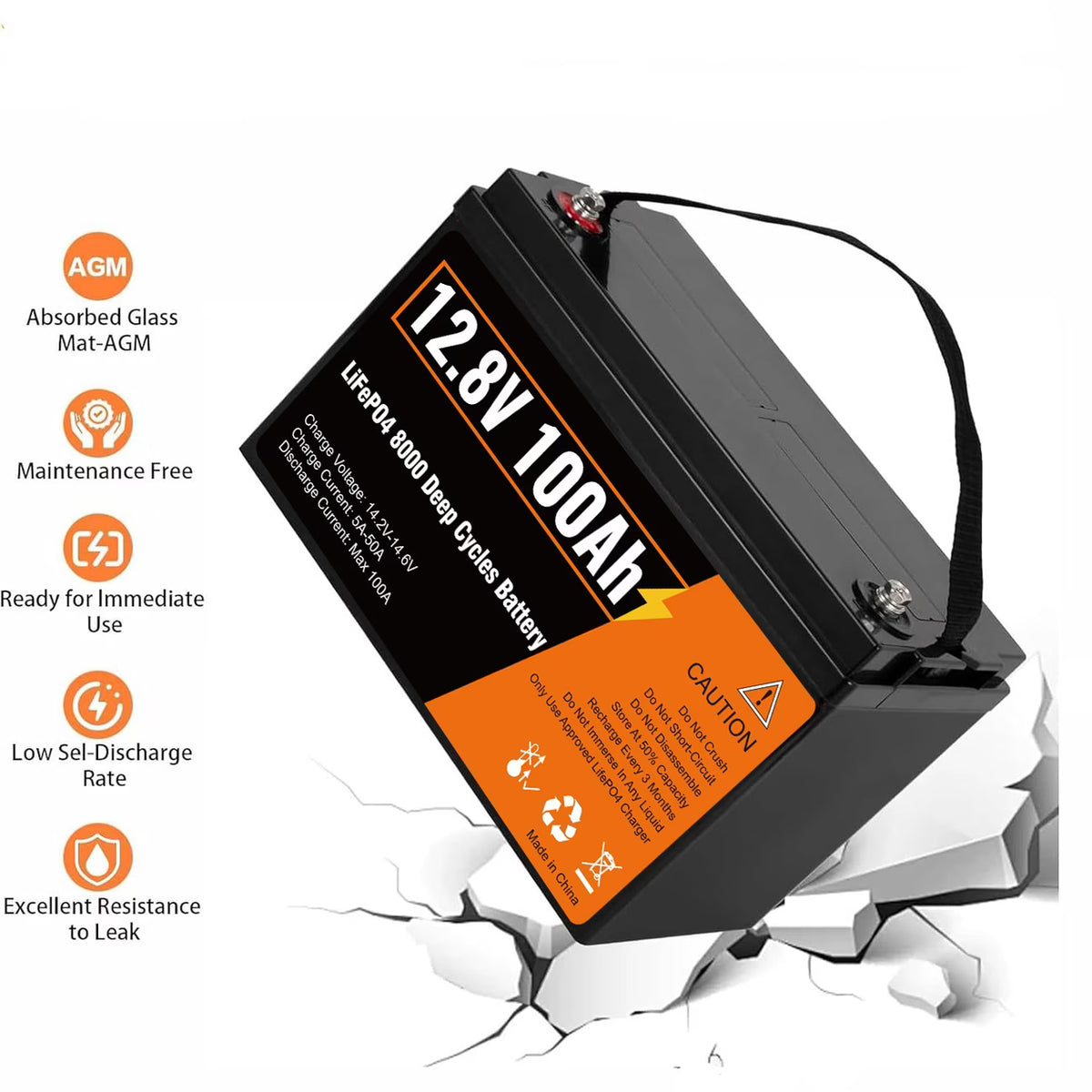 Kingboss 12.8V 100Ah LiFePO4 Battery, Built-in BMS, Long Cycle Life, 1280Wh for RV & Solar