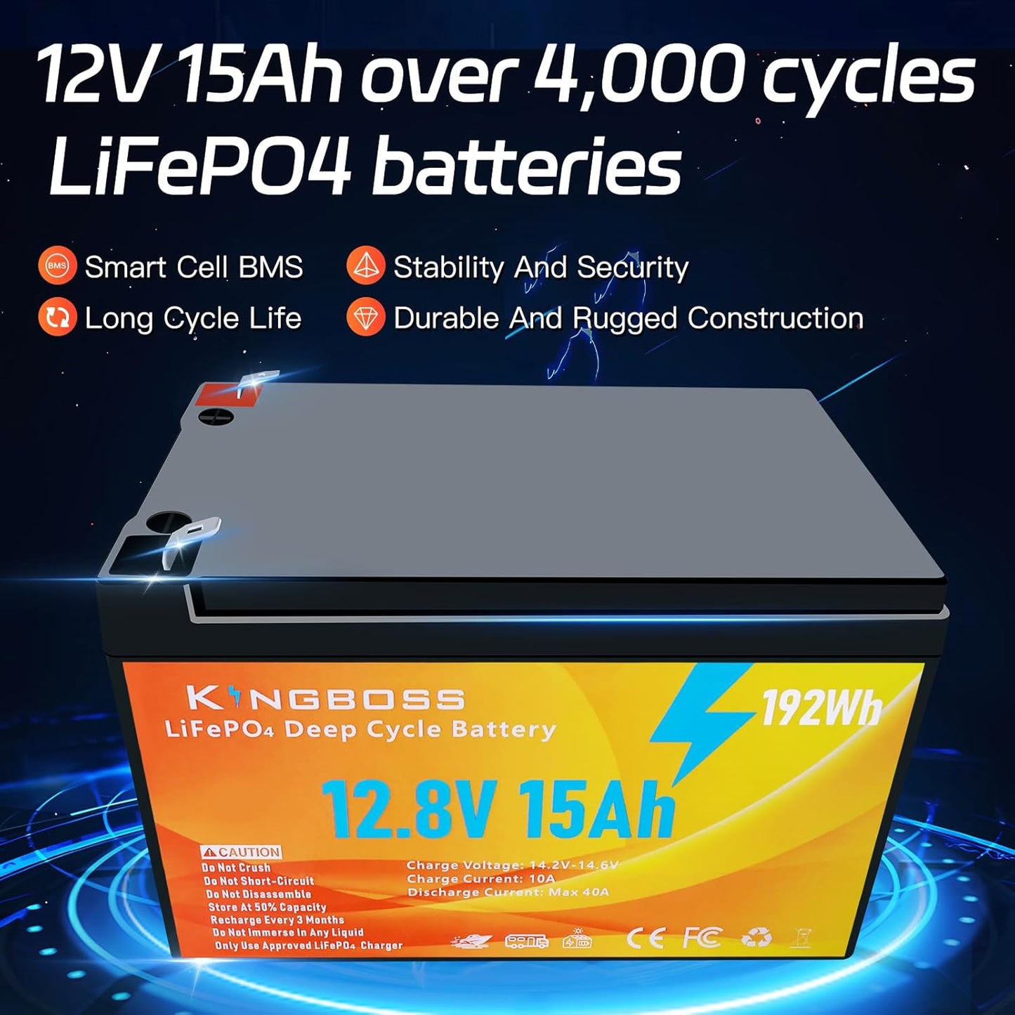 Kingboss 12V 15Ah LiFePO4 Lithium Battery, LiFePO4 Battery Built-in BMS 4000+ Deep Cycles Lithium Iron Phosphate Batterys Waterproof for Solar, Lighting, Power Wheels, Fish Finder, Camping, Home Alarm