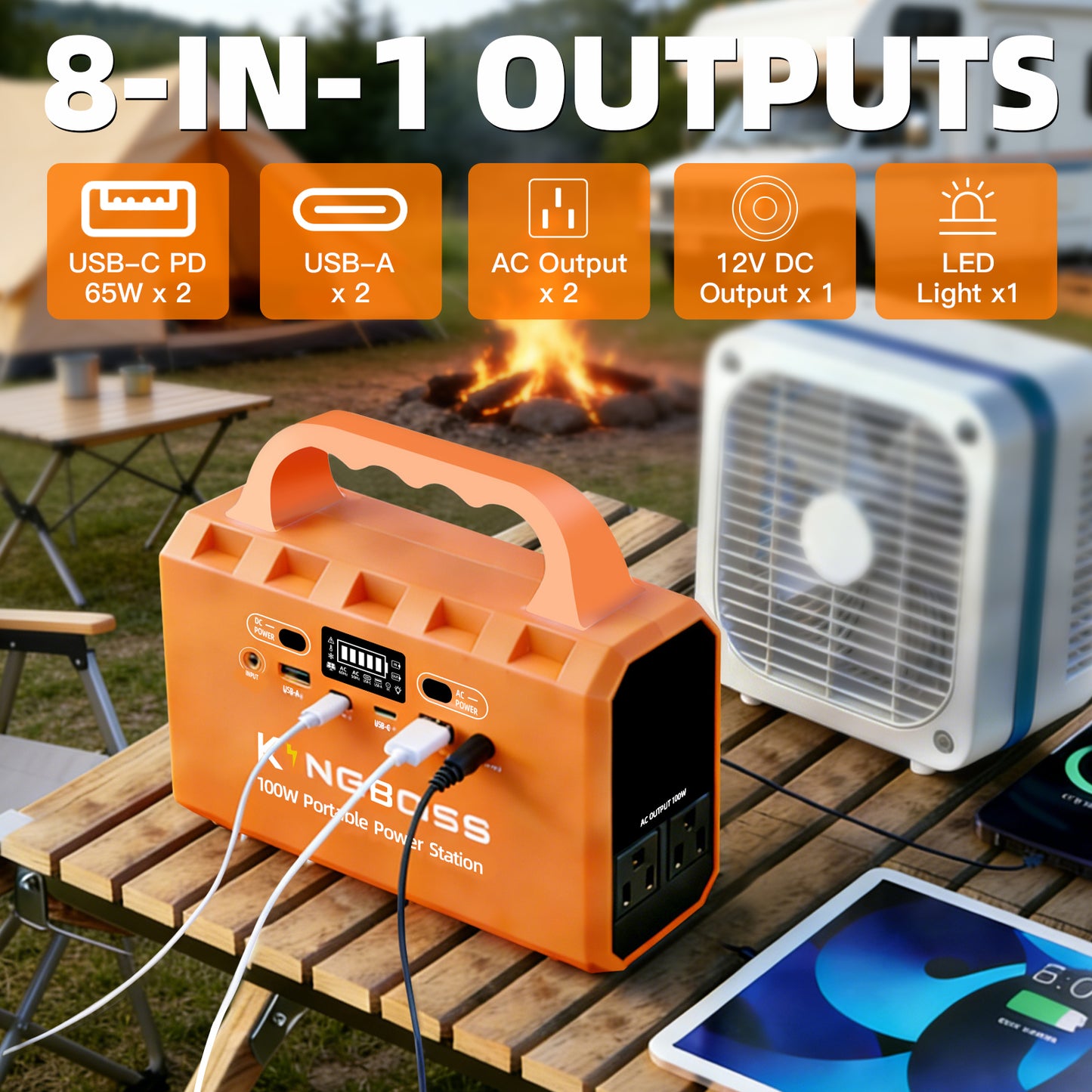 Kingboss 100W Portable Power Station, 96Wh LiFePO4 Battery Small Generator Ultra-Light, 65W Fast Charging 3000+ Cycles Solar Power Bank AC/DC/USB-C/A Outputs for Camping Home Backup Outdoor