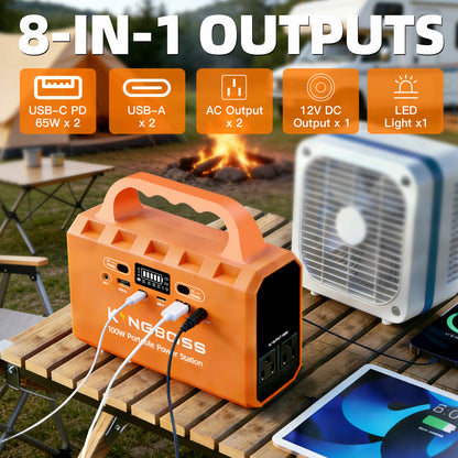 Kingboss 100W Portable Power Station, 96Wh LiFePO4 Battery Small Generator Ultra-Light, 65W Fast Charging 3000+ Cycles Solar Power Bank AC/DC/USB-C/A Outputs for Camping Home Backup Outdoor