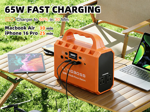 Kingboss 100W Portable Power Station, 96Wh LiFePO4 Battery Small Generator Ultra-Light, 65W Fast Charging 3000+ Cycles Solar Power Bank AC/DC/USB-C/A Outputs for Camping Home Backup Outdoor