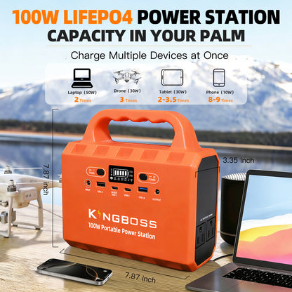 Kingboss 100W Portable Power Station, 96Wh LiFePO4 Battery Small Generator Ultra-Light, 65W Fast Charging 3000+ Cycles Solar Power Bank AC/DC/USB-C/A Outputs for Camping Home Backup Outdoor