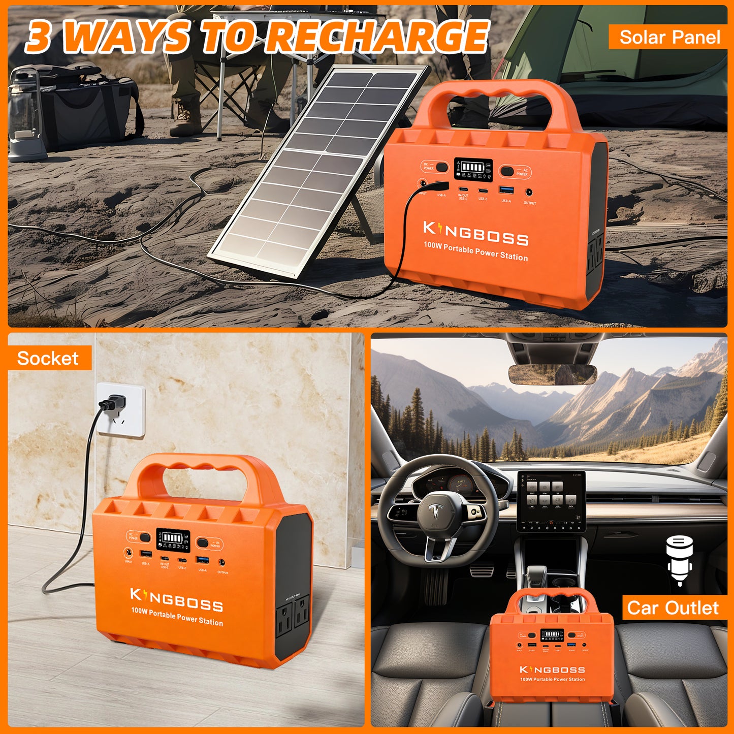 Kingboss 100W Portable Power Station, 96Wh LiFePO4 Battery Small Generator Ultra-Light, 65W Fast Charging 3000+ Cycles Solar Power Bank AC/DC/USB-C/A Outputs for Camping Home Backup Outdoor