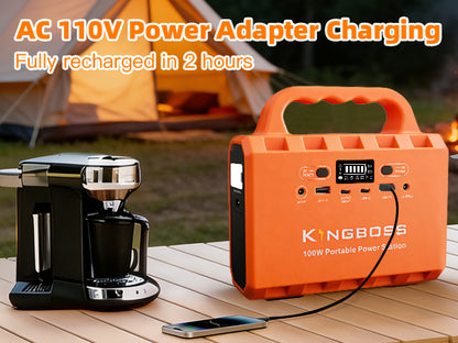 Kingboss 100W Portable Power Station, 96Wh LiFePO4 Battery Small Generator Ultra-Light, 65W Fast Charging 3000+ Cycles Solar Power Bank AC/DC/USB-C/A Outputs for Camping Home Backup Outdoor
