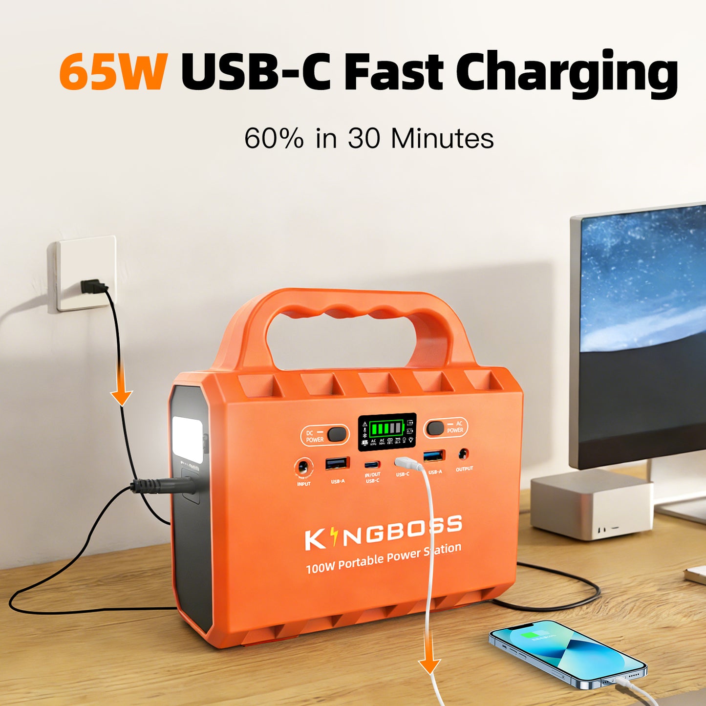 Kingboss 100W Portable Power Station, 96Wh LiFePO4 Battery Small Generator Ultra-Light, 65W Fast Charging 3000+ Cycles Solar Power Bank AC/DC/USB-C/A Outputs for Camping Home Backup Outdoor